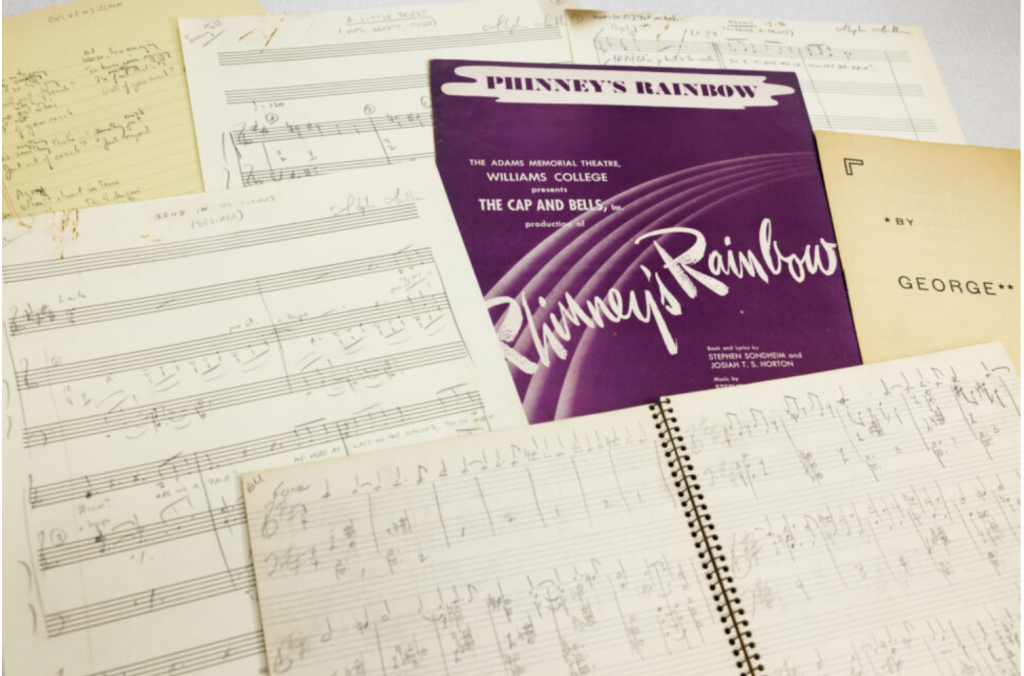 A collage of items from the Library of Congress' Stephen Sondheim Collection, including Phinney's Rainbow, a musical he wrote as a student at Williams.